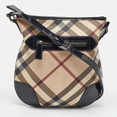 Pre-owned Burberry Beige/black Supernova Check Coated Canvas And Patent Leather Dryden Shoulder Bag