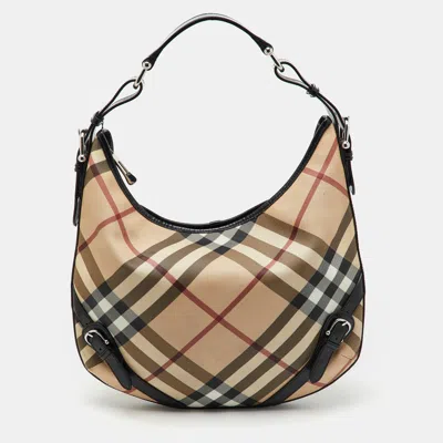 Pre-owned Burberry Beige/black Supernova Check Pvc And Patent Leather Larkin Hobo In Sand