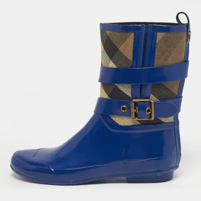 Pre-owned Burberry Beige/blue House Check Canvas And Blue Rubber Rain Boots Size 39