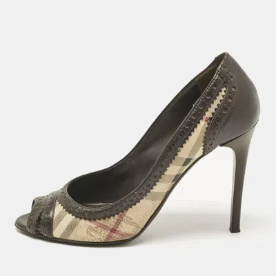 Pre-owned Burberry Beige/brown Check Canvas And Brogue Leather Peep Toe Pumps Size 38