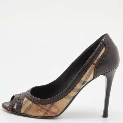 Pre-owned Burberry Beige/brown Haymarket Check Canvas And Brogue Leather Peep Toe Pumps Size 39