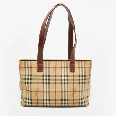 Pre-owned Burberry Beige/brown Haymarket Check Coated Canvas And Leather Tote In Sand