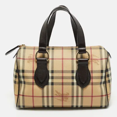 Pre-owned Burberry Beige/brown Haymarket Check Pvc And Leather Chester Boston Bag In Sand