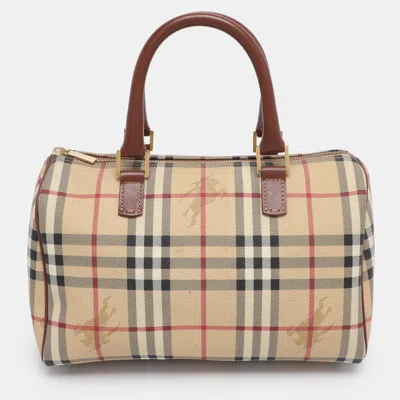 Pre-owned Burberry Beige/brown Haymarket Check Pvc And Leather Chester Boston Bag In Sand