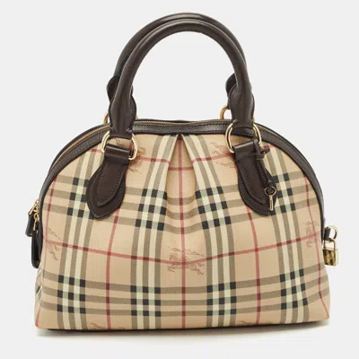 Pre-owned Burberry Beige/brown Haymarket Check Pvc Thornley Satchel In Sand