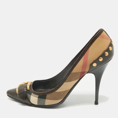 Pre-owned Burberry Beige/brown Leather And Nova Check Canvas Pointed Toe Pumps Size 37