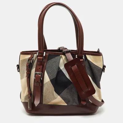 Pre-owned Burberry Beige/brown Mega Nova Check Canvas And Leather Lowry Tote In Sand