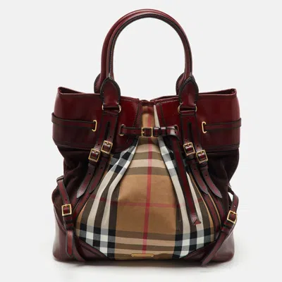 Pre-owned Burberry Beige/burgundy House Check Canvas And Leather Bridle Whipstitch Tote In Sand