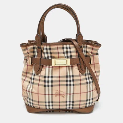 Pre-owned Burberry Beige/metallic Haymarket Check Canvas And Leather Medium Golderton Tote
