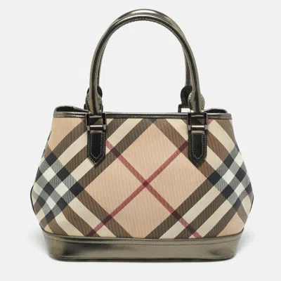 Pre-owned Burberry Beige/metallic Nova Check Pvc And Patent Leather Eden Tote In Sand