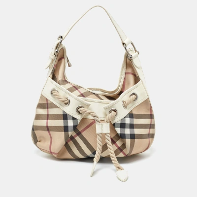 Pre-owned Burberry Beige/off White Nova Check Pvc And Patent Leather Hobo
