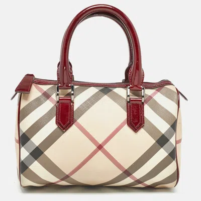 Pre-owned Burberry Beige/red Nova Check Pvc And Patent Leather Chester Boston Bag