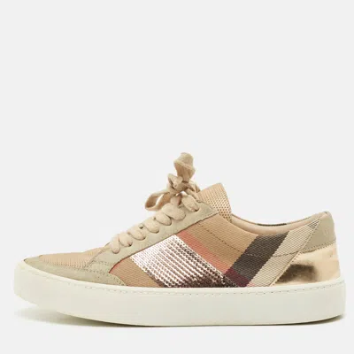 Pre-owned Burberry Beige/rose Gold House Check Canvas And Suede Salmond Sequins Low Top Sneakers Size 36 In Multi