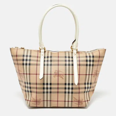 Pre-owned Burberry Beige/white Haymarket Check Coated Canvas And Patent Leather Salisbury Tote