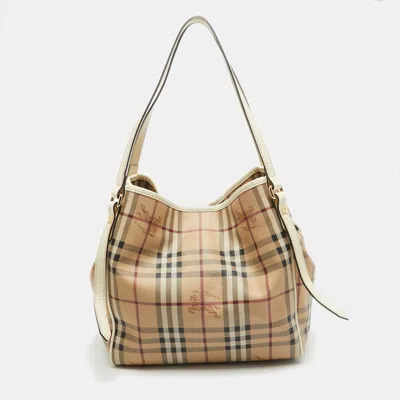 Pre-owned Burberry Beige/white Haymarket Check Coated Canvas And Patent Leather Small Canterbury Tote