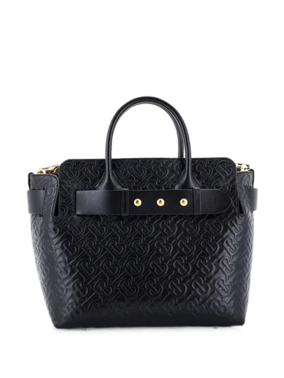 Pre-owned Burberry Belt Monogram Embossed Leather Small Tote Bag In Black