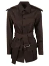 Burberry Belted Buttoned Jacket In Brown Black