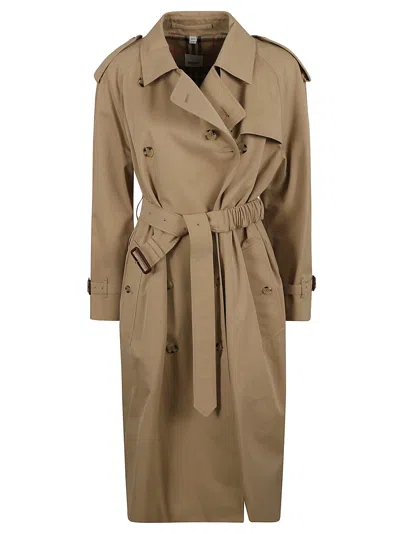 Burberry Belted Layered Double-breasted Cotton-gabardine Trench Coat In Beige