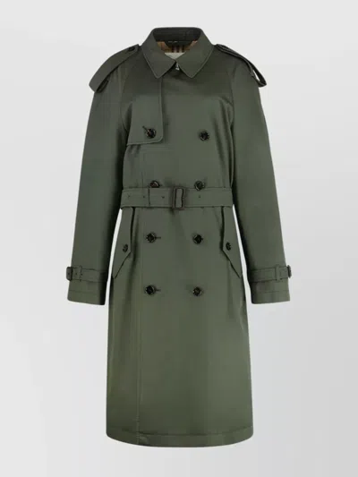 Burberry Belted Cotton Trench Coat With Slit Hem And Epaulettes In Green