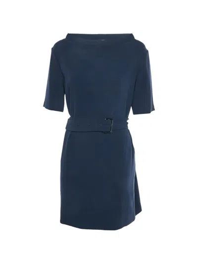 Pre-owned Burberry Belted Crepe Mini Dress In Blue