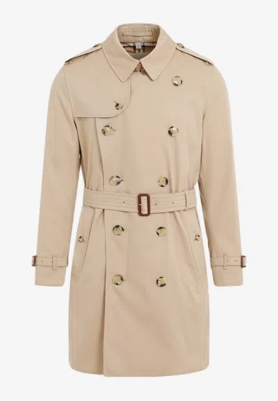 Burberry Double Breasted Belted Coat In Beige