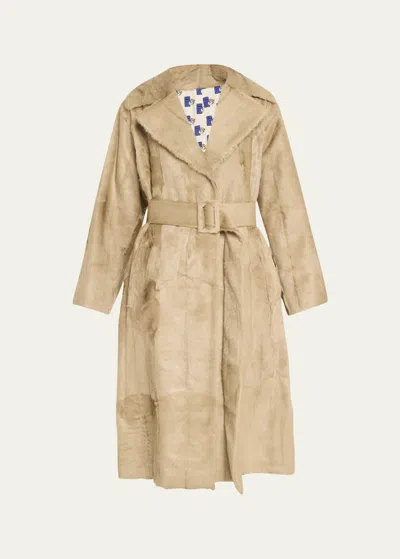 Burberry Belted Goat Shearling Trench Coat In Field