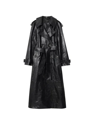 Burberry Belted Leather Trench Coat In Black