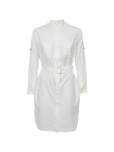 Pre-owned Burberry Belted Long-sleeve Midi Dress In White