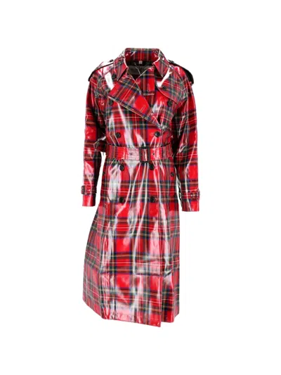 Pre-owned Burberry Belted Plaid Double-breasted Trench Coat In Red
