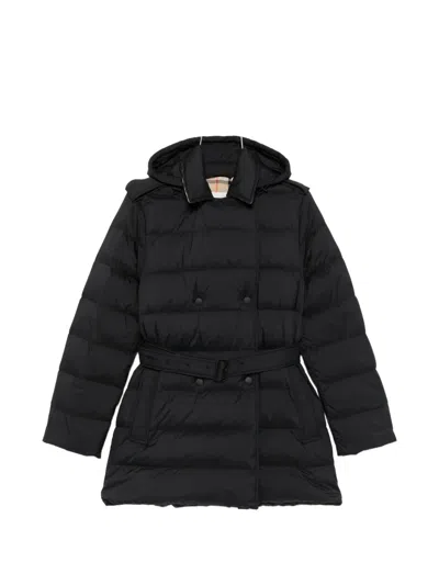 Burberry Hooded Nylon Down Coat Belted Double Breasted In Blue
