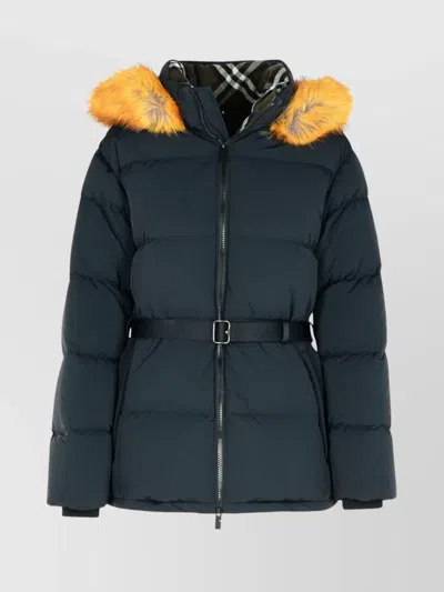 Burberry Belted Waist Hooded Quilted Jacket In Blue