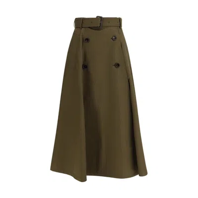 Burberry Women Juniper Green Gabardine Midi Trench Skirt In Brown