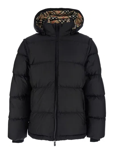 BURBERRY BIDEFORD BLACK DOWN JACKET WITH REMOVABLE HOOD AND SLEEVES AND EKD PATCH ON THE SLEEVE IN TECH FABRI