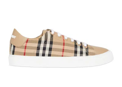 Pre-owned Burberry Biobased Sole Vintage Check And Leather Sneakers (women's)in Archive Beige/white In Multi