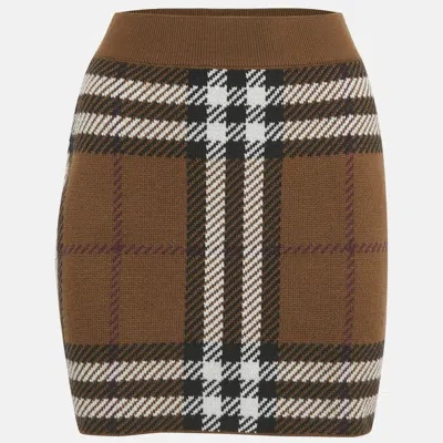 Pre-owned Burberry Birch Black Checkered Wool Mini Skirt S In Brown