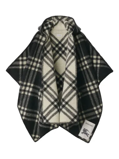 Burberry Hooded Check Wool Cape In Black
