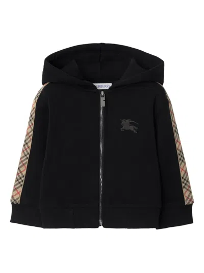 Burberry Babies' 格纹边饰棉连帽衫 In Black