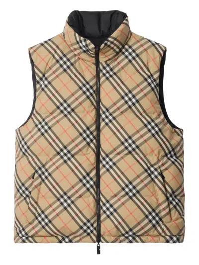 Burberry Beige Sleeveless Reversible Down Jacket With High Neck And All-over Check Motif In Tech Fabric Man In Neutral