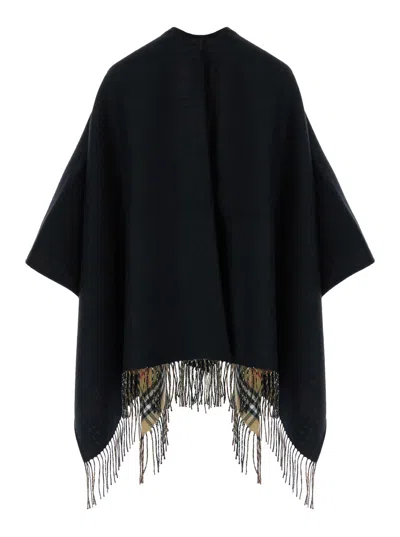 Burberry Black And Beige Cape With Check Motif And Fringed Hem In Wool Woman
