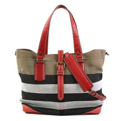 Pre-owned Burberry Black Brown Red Color Canvas Leather Shoulder Bag Tote Bag ()