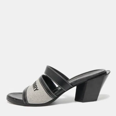 Pre-owned Burberry Black Canvas And Leather Honour Slide Sandals Size 38.5