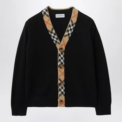 Burberry Black Cardigan With Check Motif Trims In Multi