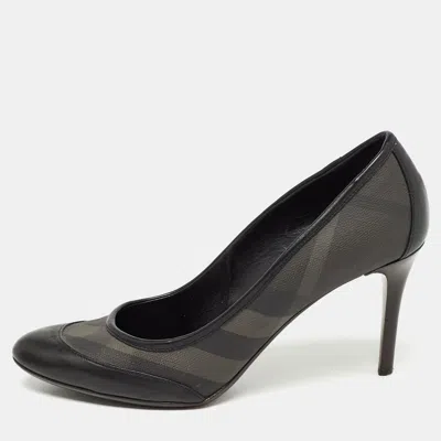 Pre-owned Burberry Black Check Canvas And Leather Round Toe Pumps Size 39