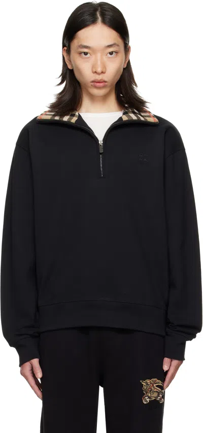 Burberry Jacquard-knit Trimmed Logo-embroidered Cotton-jersey Half-zip Polo Shirt In Black