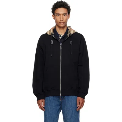 BURBERRY BLACK CHECK HOOD COTTON ZIP HOODIE
