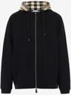 Burberry Cotton Check Pattern Drawstring Hooded Sweater With Front Zip In Black
