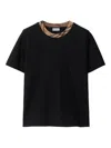 Burberry Black Crewneck T-shirt With Ckeck Motif On The Collar In Cotton Woman