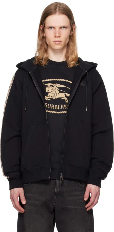 Burberry Black Check Trim Cotton Zip Hoodie