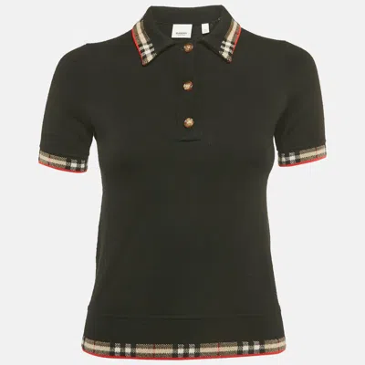 Pre-owned Burberry Black Checks Trims Stretch Knit Polo T-shirt Xxs