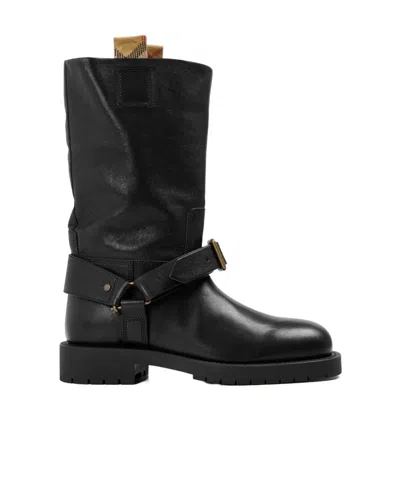 Burberry Buckled Leather Ankle Boots In Black